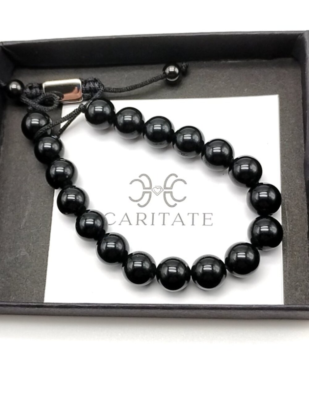 Caritate Branded Bracelet Polished Black Gemstone Beads + Adjustable Cord Unisex
